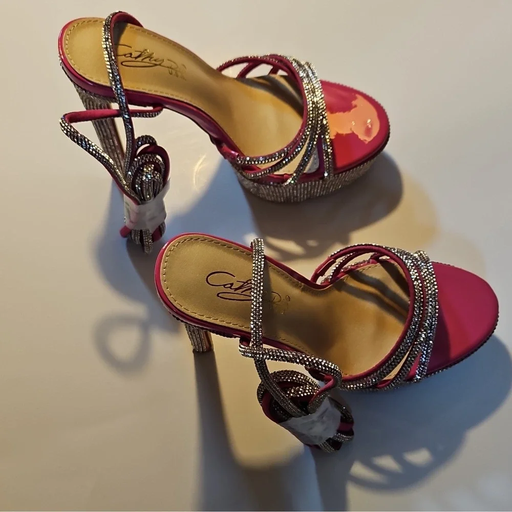 Cathy Jean Hot Pink Synthetic Rhinestone Strappy Platform Heel Open Toe Buckle 8